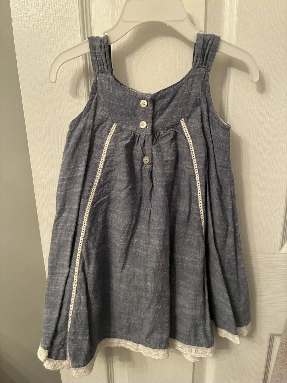 Papell Boutique Blue Chambray Sleeveless Dress with White Embroidery